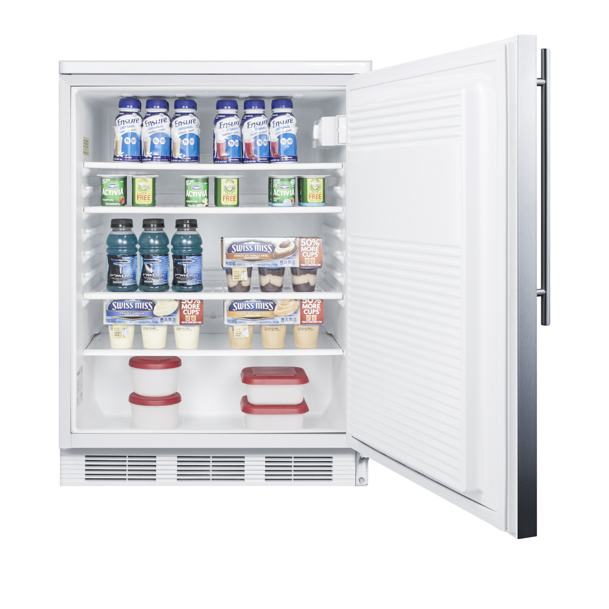 Commercially listed built-in undercounter all-refrigerator for general purpose use, auto defrost w/lock, SS door, thin handle, and white cabinet